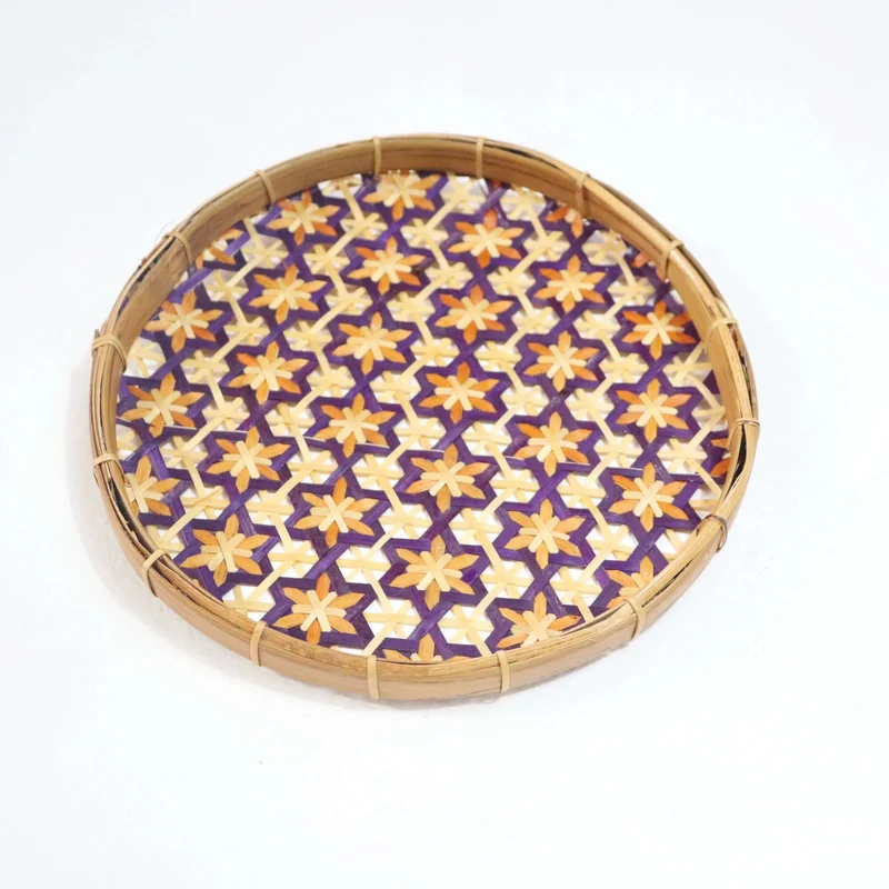 Purple & Gold Bamboo Wall Plate Decor — Boho Handwoven Star-Pattern Wicker Wall Art, 8 in