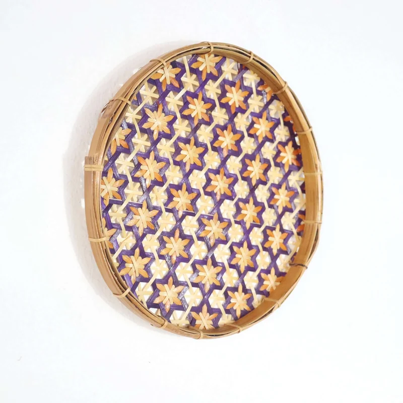 Purple & Gold Bamboo Wall Plate Decor — Boho Handwoven Star-Pattern Wicker Wall Art, 8 in