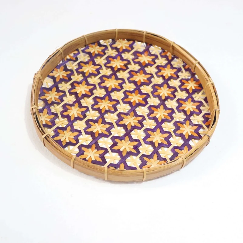 Purple & Gold Bamboo Wall Plate Decor — Boho Handwoven Star-Pattern Wicker Wall Art, 8 in