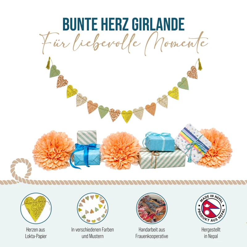 Mini Girlande Herzen bunt aus Naturpapier 100 cm handgefertigt in Nepal