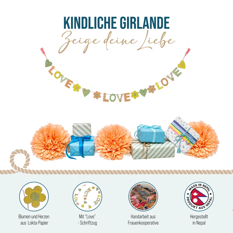 Girlande Love Love Love aus Naturpapier 100 cm handgefertigt in Nepal