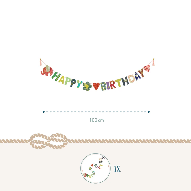 Mini Girlande Happy Birthday mit Elefant aus Naturpapier 100 cm handgefertigt in Nepal