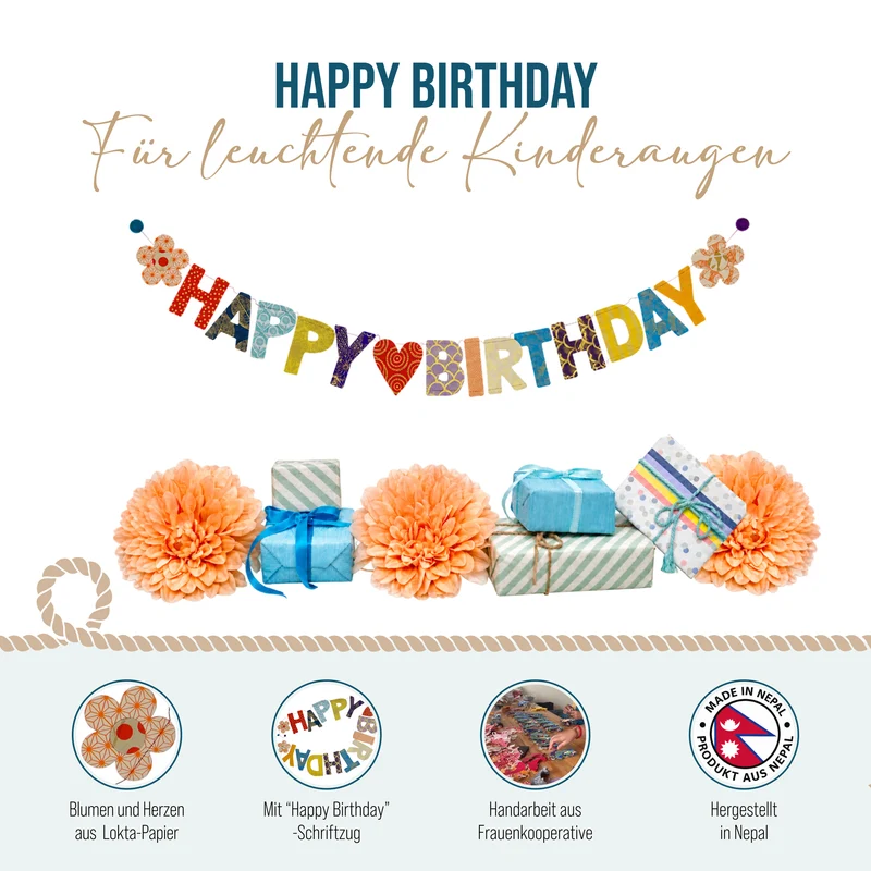 XL Girlande Happy Birthday aus Naturpapier 183 cm handgefertigt in Nepal