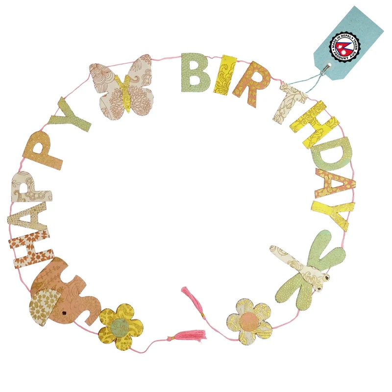 Mini Girlande Happy Birthday aus Naturpapier 100 cm handgefertigt in Nepal