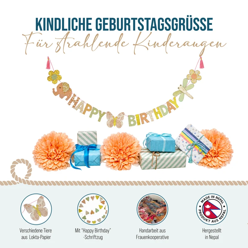 Mini Girlande Happy Birthday aus Naturpapier 100 cm handgefertigt in Nepal