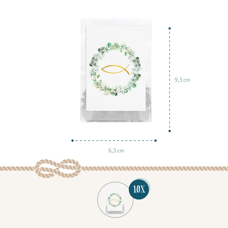 Samentütchen Eukalyptus mit Fisch in Gold 10er Set für Kommunion