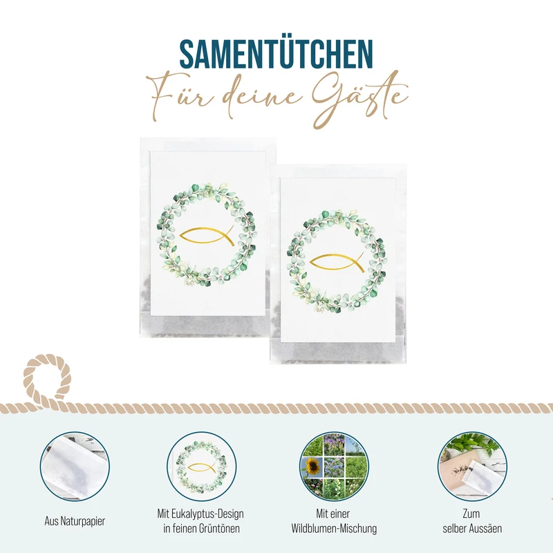 Samentütchen Eukalyptus mit Fisch in Gold 10er Set für Kommunion