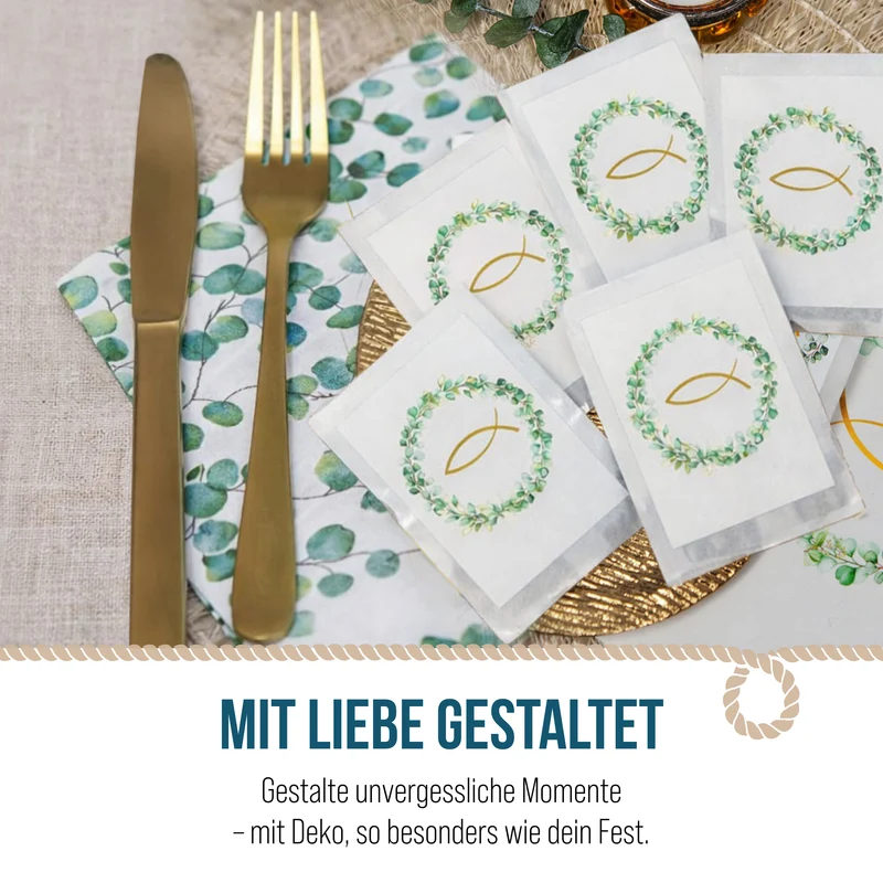 Samentütchen Eukalyptus mit Fisch in Gold 10er Set für Kommunion