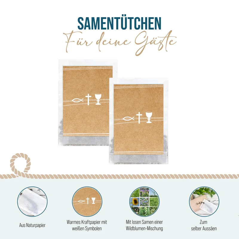 Samentütchen Kraftpapier Erstkommunion 10er Set Fisch Kreuz Kelch