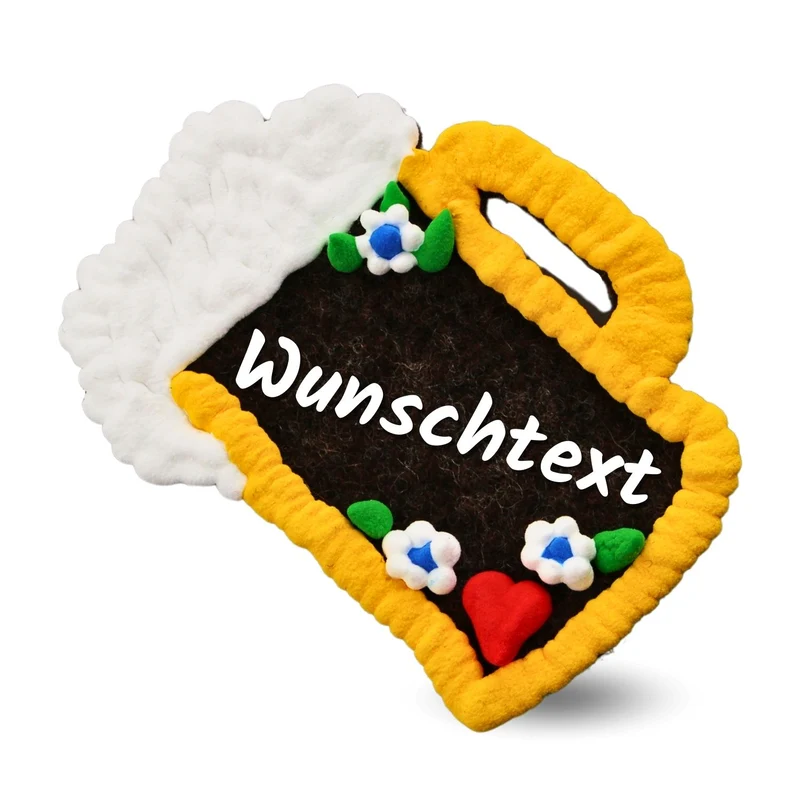 Filzherz-Maßkrug-Anstecker mit Wunschtext