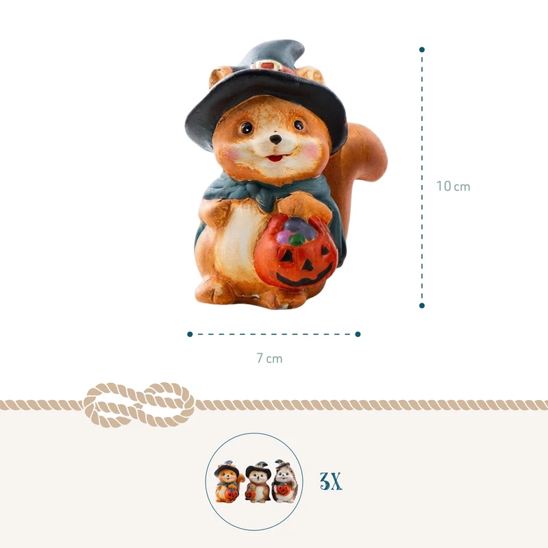Deko-Figuren Tiere mit Kürbis 3er-Set aus Ton 10 cm – Herbst- und Halloween-Deko für Zuhause