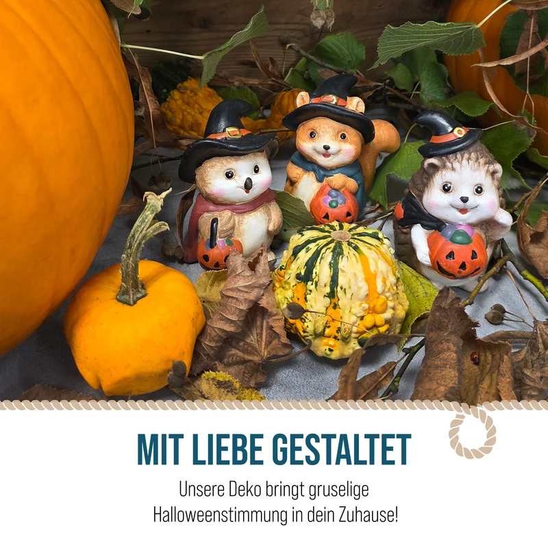 Deko-Figuren Tiere mit Kürbis 3er-Set aus Ton 10 cm – Herbst- und Halloween-Deko für Zuhause