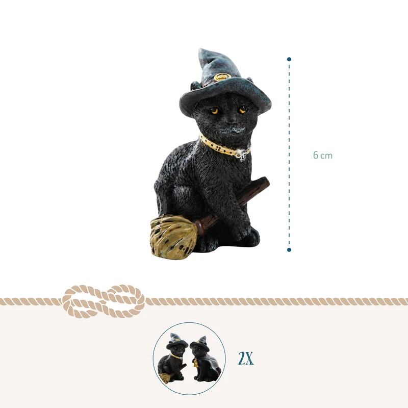 Hexenkatzen 2er-Set Schwarz Poly 6 cm Halloween Figuren mit Hut & Besen Mini-Deko für Tisch, Regal & Fenster