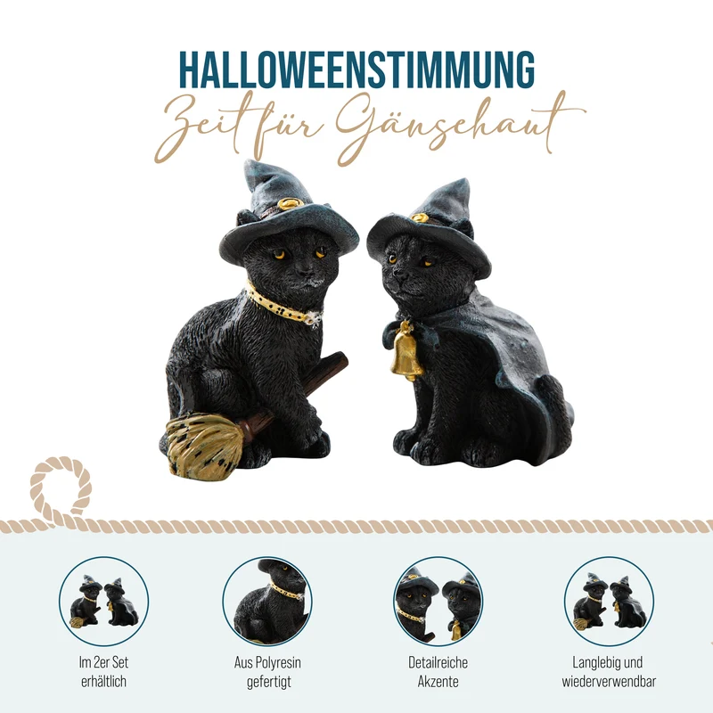 Hexenkatzen 2er-Set Schwarz Poly 6 cm Halloween Figuren mit Hut & Besen Mini-Deko für Tisch, Regal & Fenster