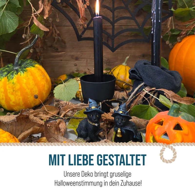 Hexenkatzen 2er-Set Schwarz Poly 6 cm Halloween Figuren mit Hut & Besen Mini-Deko für Tisch, Regal & Fenster