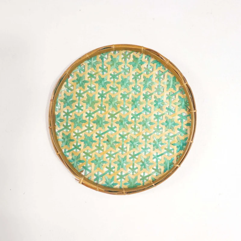 Green & Yellow Bamboo Wall Plate Decor — Boho Handwoven Star-Pattern Wicker Wall Art, 8 in