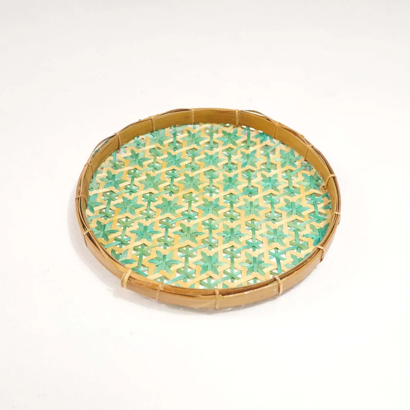Green & Yellow Bamboo Wall Plate Decor — Boho Handwoven Star-Pattern Wicker Wall Art, 8 in