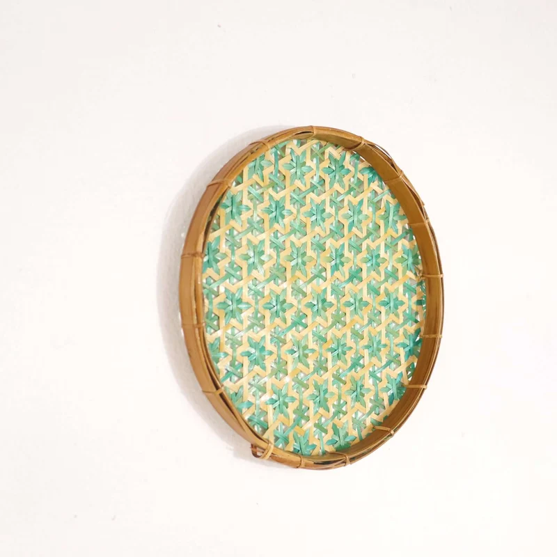 Green & Yellow Bamboo Wall Plate Decor — Boho Handwoven Star-Pattern Wicker Wall Art, 8 in