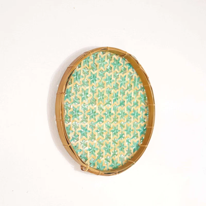 Green & Yellow Bamboo Wall Plate Decor — Boho Handwoven Star-Pattern Wicker Wall Art, 8 in