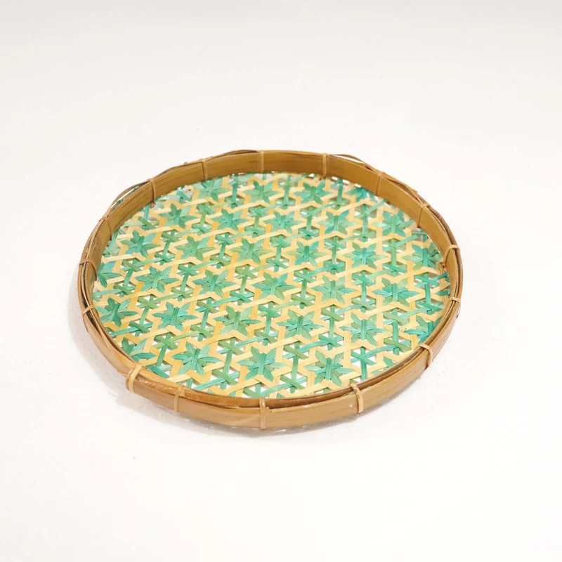 Green & Yellow Bamboo Wall Plate Decor — Boho Handwoven Star-Pattern Wicker Wall Art, 8 in
