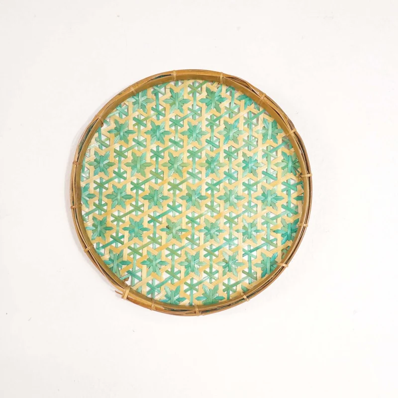 Green & Yellow Bamboo Wall Plate Decor — Boho Handwoven Star-Pattern Wicker Wall Art, 8 in