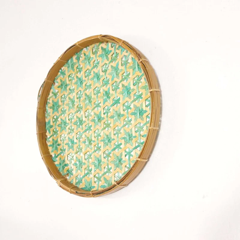 Green & Yellow Bamboo Wall Plate Decor — Boho Handwoven Star-Pattern Wicker Wall Art, 8 in