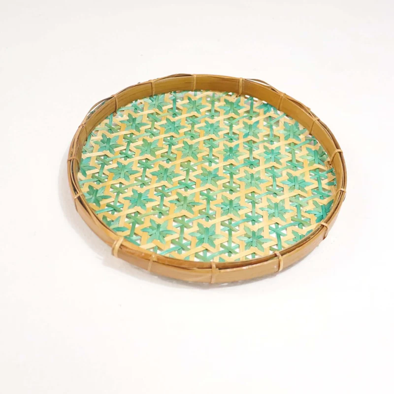 Green & Yellow Bamboo Wall Plate Decor — Boho Handwoven Star-Pattern Wicker Wall Art, 8 in