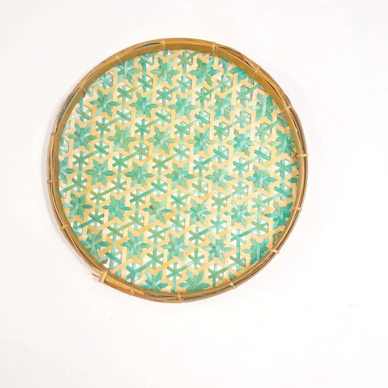 Green & Yellow Bamboo Wall Plate Decor — Boho Handwoven Star-Pattern Wicker Wall Art, 8 in