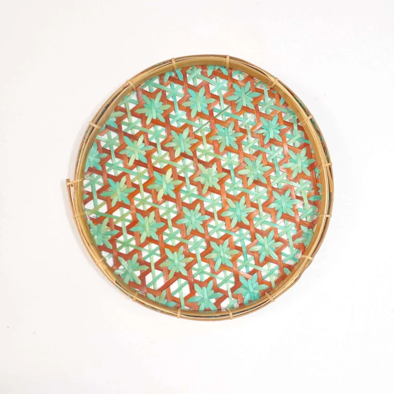 Teal & Brown Bamboo Wall Plate Decor — Boho Handwoven Star-Pattern Wicker Wall Art, 8 in