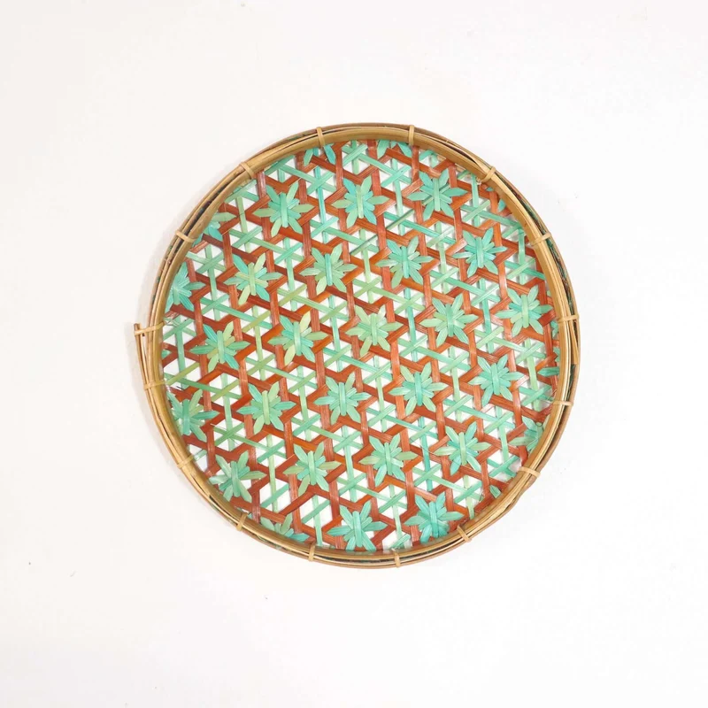 Teal & Brown Bamboo Wall Plate Decor — Boho Handwoven Star-Pattern Wicker Wall Art, 8 in