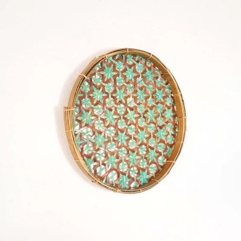 Teal & Brown Bamboo Wall Plate Decor — Boho Handwoven Star-Pattern Wicker Wall Art, 8 in