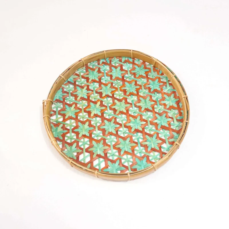 Teal & Brown Bamboo Wall Plate Decor — Boho Handwoven Star-Pattern Wicker Wall Art, 8 in