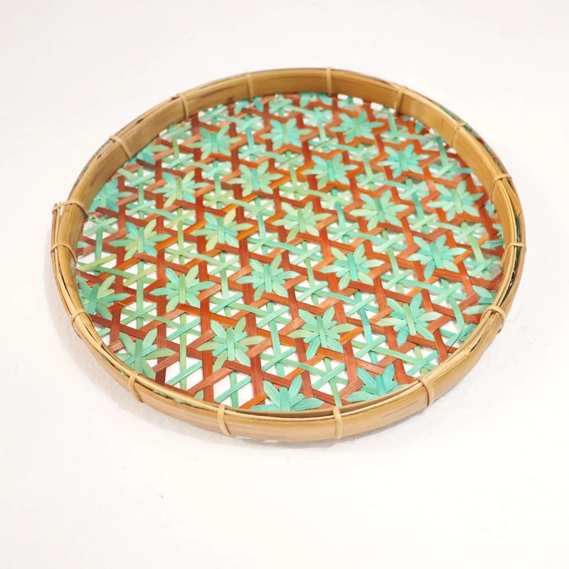 Teal & Brown Bamboo Wall Plate Decor — Boho Handwoven Star-Pattern Wicker Wall Art, 8 in