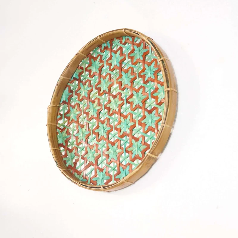 Teal & Brown Bamboo Wall Plate Decor — Boho Handwoven Star-Pattern Wicker Wall Art, 8 in