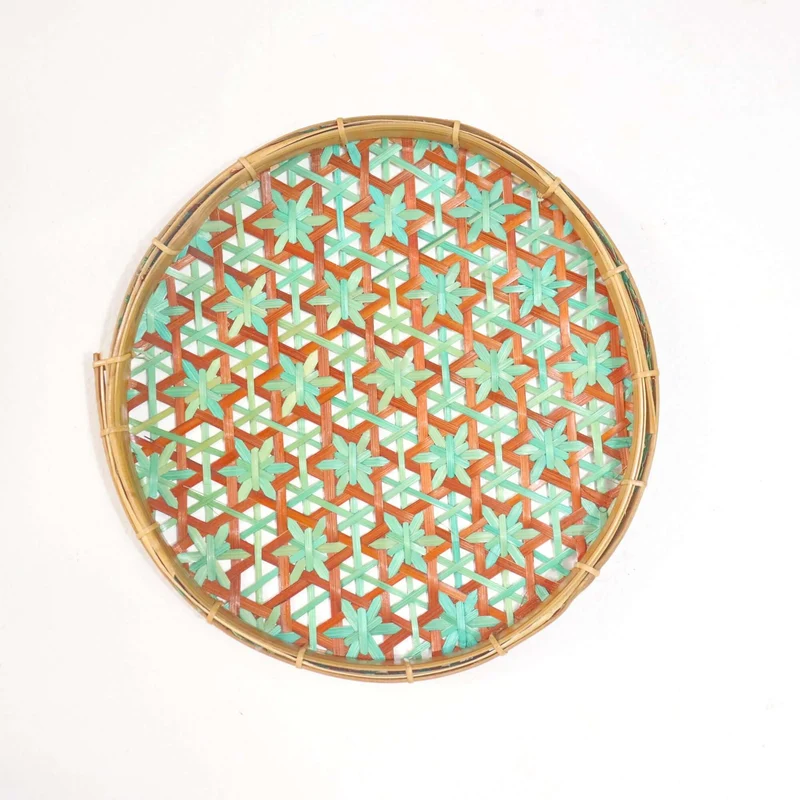 Teal & Brown Bamboo Wall Plate Decor — Boho Handwoven Star-Pattern Wicker Wall Art, 8 in