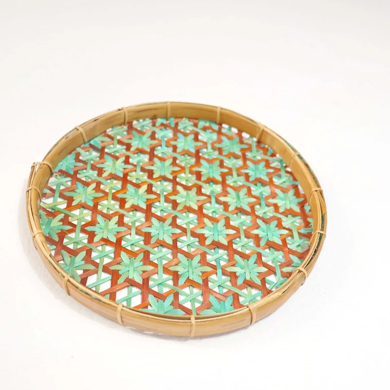 Teal & Brown Bamboo Wall Plate Decor — Boho Handwoven Star-Pattern Wicker Wall Art, 8 in