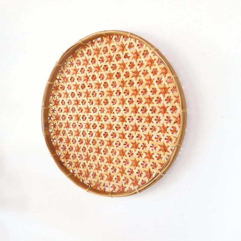 Orange Bamboo Hanging Basket Wall Decor — Boho Handwoven Floral Wicker Wall Art, 13 in