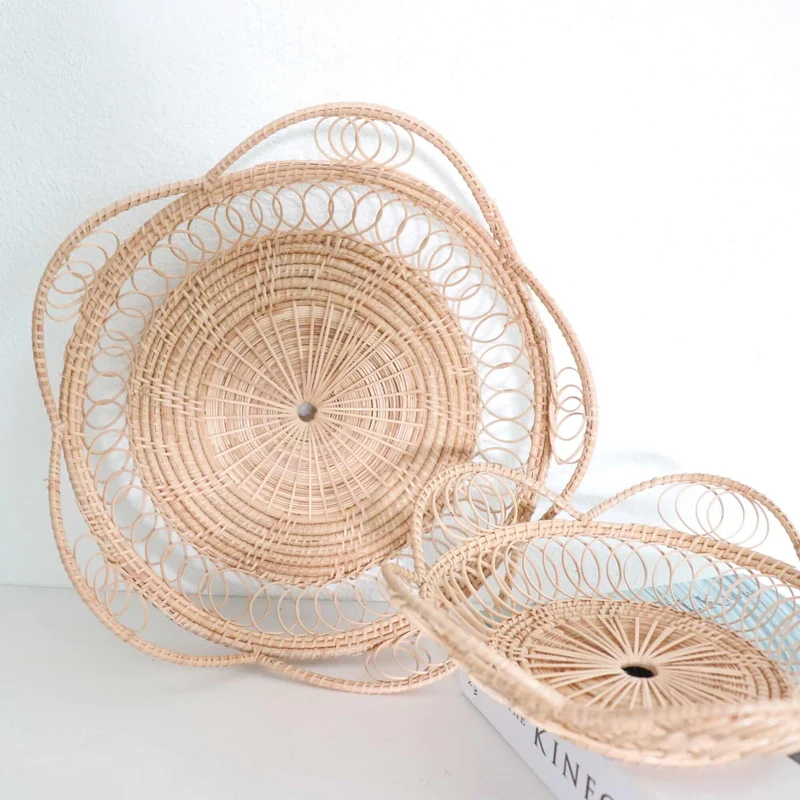 Natural Rattan Open-Curl Storage Basket — Boho Handwoven Wicker Home Decor Organizer, Set of 2