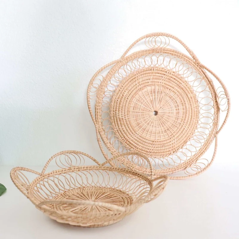 Natural Rattan Open-Curl Storage Basket — Boho Handwoven Wicker Home Decor Organizer, Set of 2
