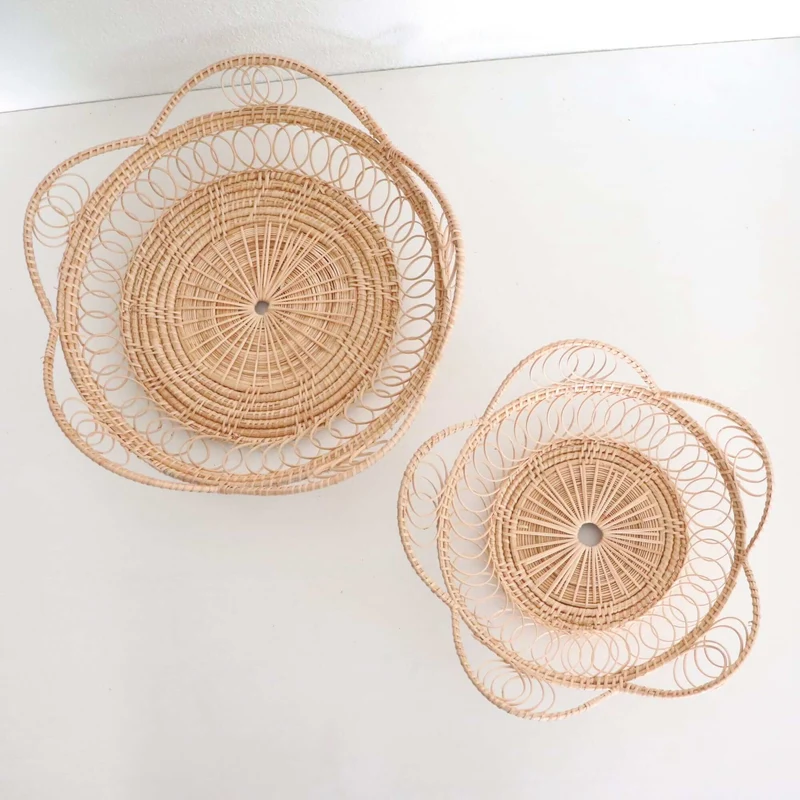 Natural Rattan Open-Curl Storage Basket — Boho Handwoven Wicker Home Decor Organizer, Set of 2