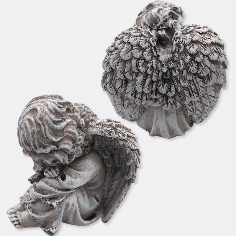 Engel Figur sitzend Grau H 11,5 cm –Trauerengel für Grabdeko aus Polyresin
