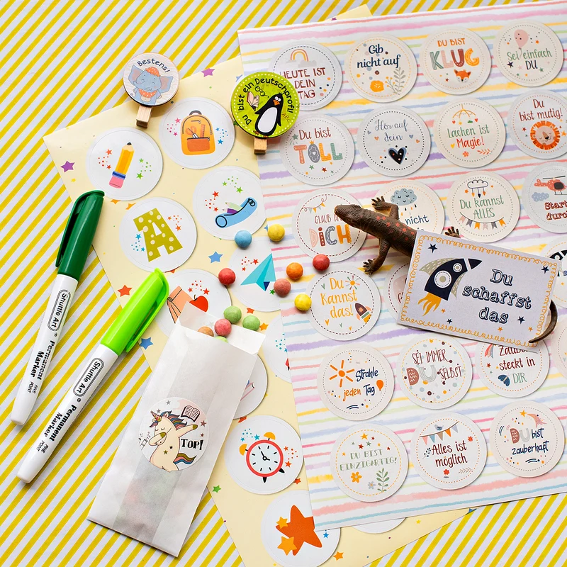 Motivationsaufkleber Kinder 24 Stück –runde Affirmations-Sticker mit positiven Sprüchen für Schule, 4 cm, für Lehrer & Eltern zur Stärkung