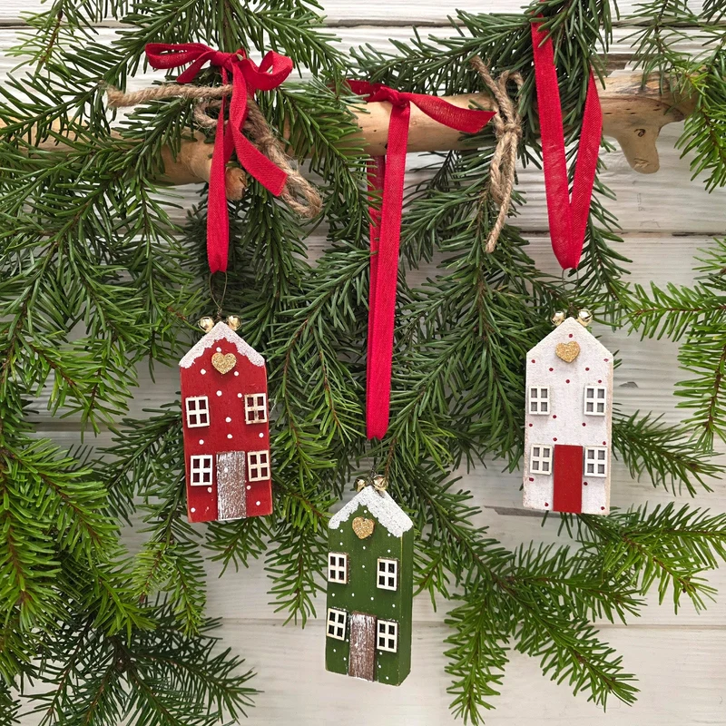 Weihnachtshänger Häuser 3er-Set – Holz-Häuschen mit Herz & Glöckchen zum Aufhängen