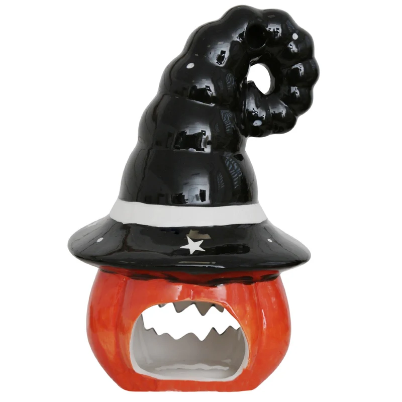Kürbis mit Hexenhut Keramik 22 cm– Halloween Deko Orange Teelichthalter
