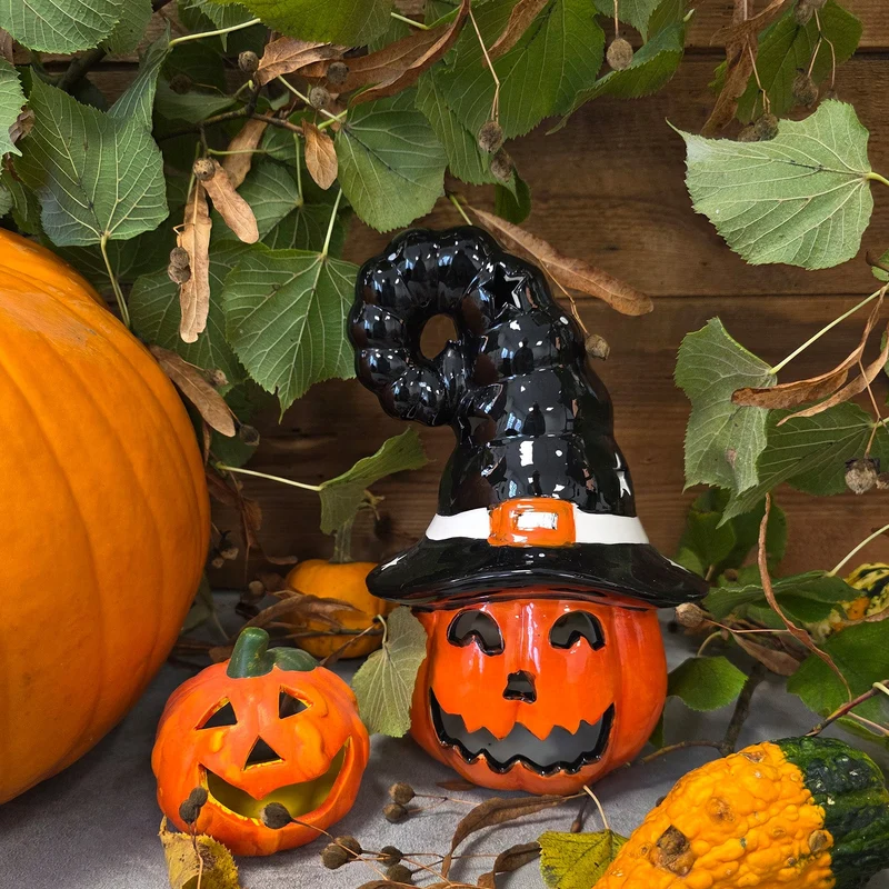 Kürbis mit Hexenhut Keramik 22 cm– Halloween Deko Orange Teelichthalter