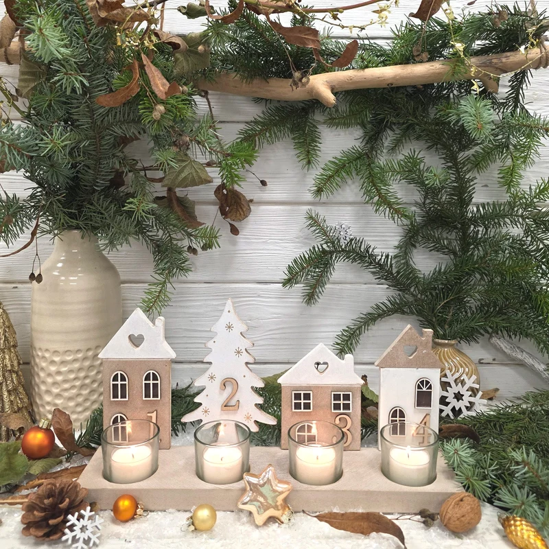 Logbuch-Verlag Advent Teelichthalter aus Holz 34x16,5 cm – Deko-Leiste mit Häusern, Bäumen & Teelichtgläsern Natur-weiß-grau Sortiert – Weihnachtsdeko