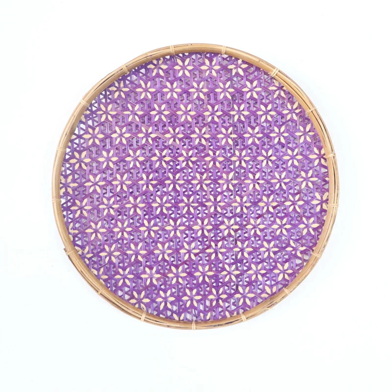 Purple Bamboo Hanging Basket Wall Decor — Boho Handwoven Floral Wicker Wall Art, 13 in
