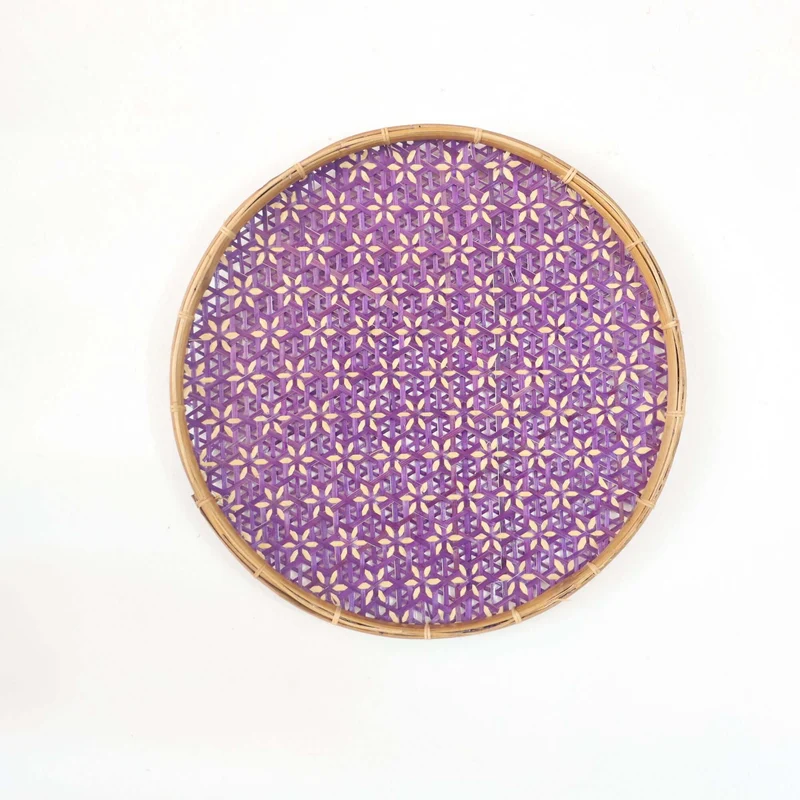 Purple Bamboo Hanging Basket Wall Decor — Boho Handwoven Floral Wicker Wall Art, 13 in