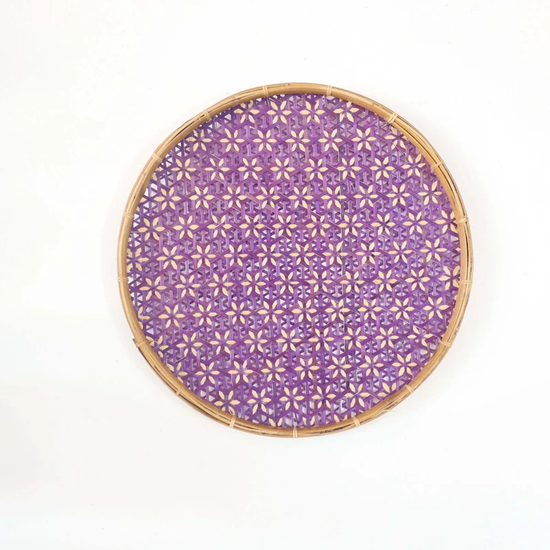 Purple Bamboo Hanging Basket Wall Decor — Boho Handwoven Floral Wicker Wall Art, 13 in