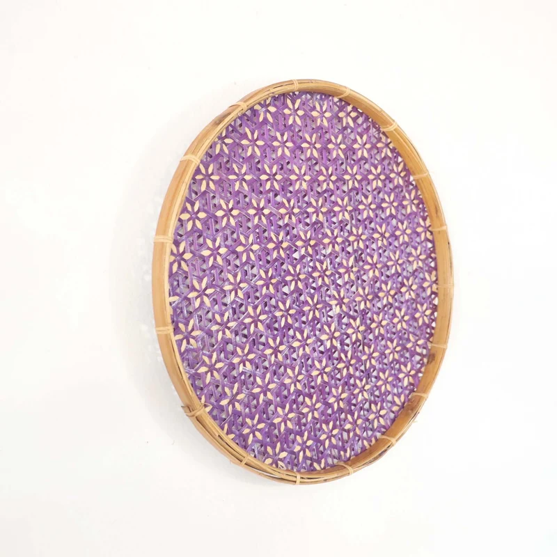Purple Bamboo Hanging Basket Wall Decor — Boho Handwoven Floral Wicker Wall Art, 13 in